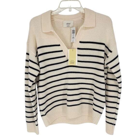 NWT Wilfred Clara Merino Wool Striped V-Neck Sweater In Lt Birch/ Admiral Size S - Picture 6 of 15